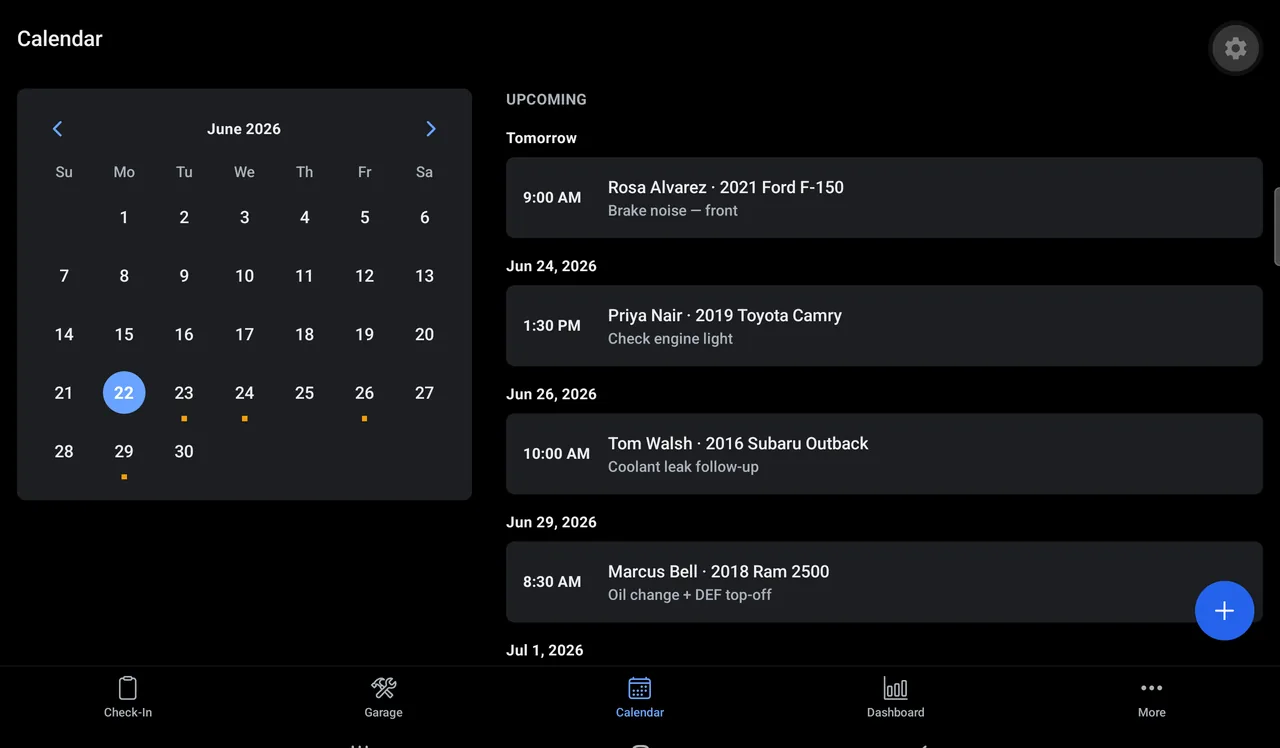 GarageCodex calendar with an upcoming-appointments agenda