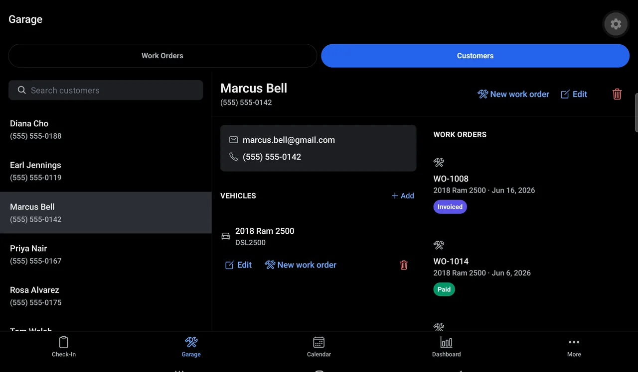 GarageCodex customer detail with vehicles and full work-order history