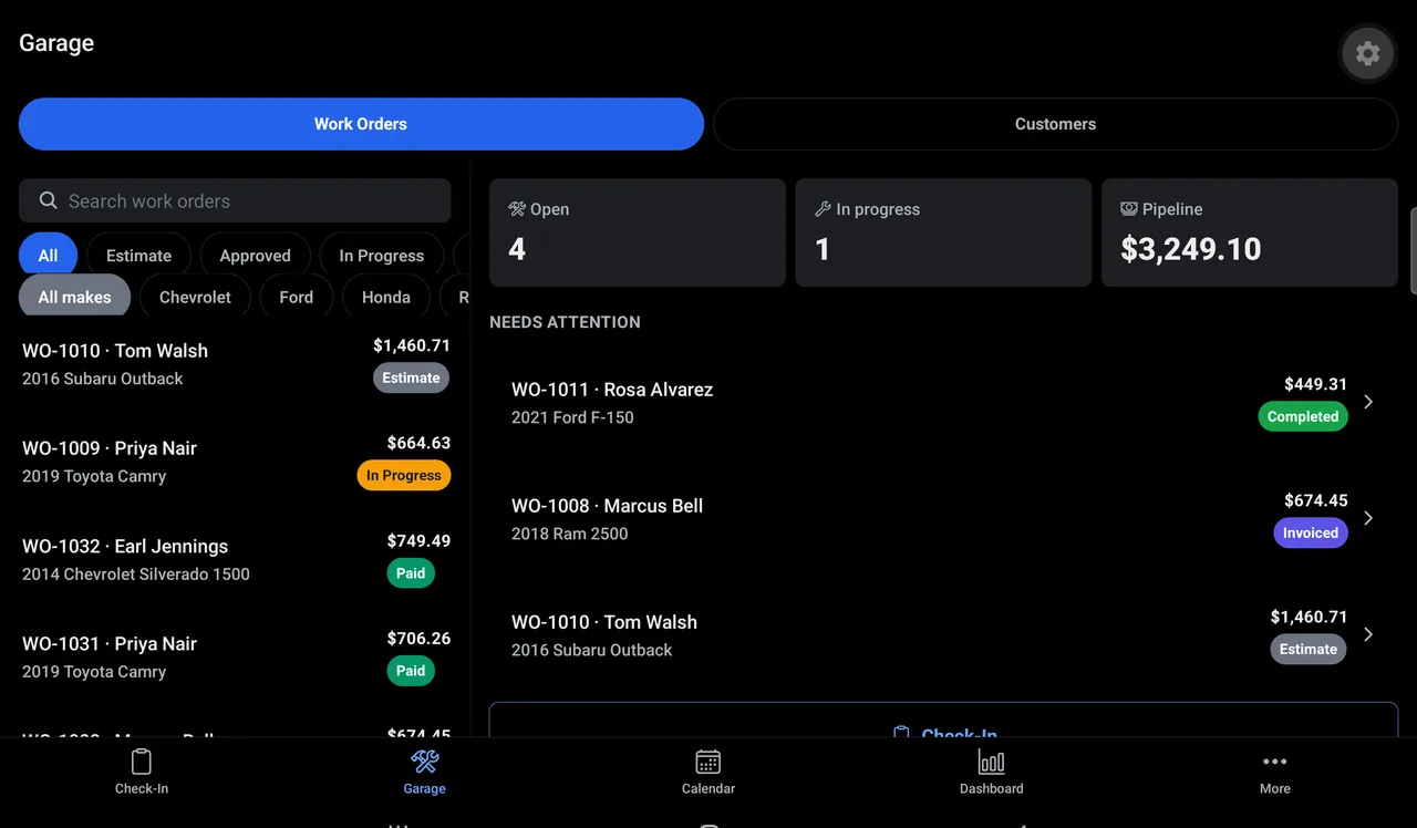 GarageCodex work-order list with status badges and a shop snapshot pane